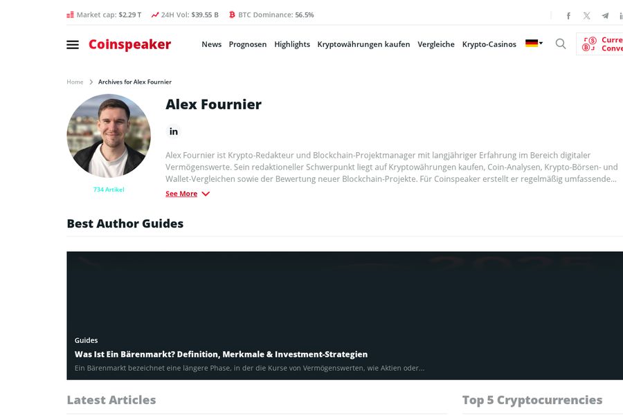 Screenshot of the Coinspeaker website